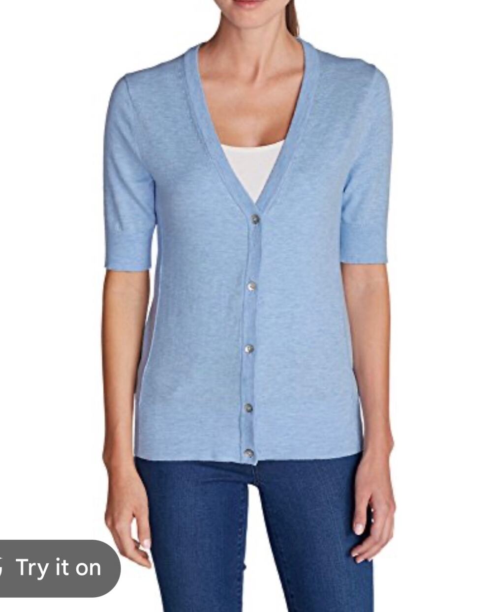Eddie Bauer Blue Short Sleeve Cardigan Sweater Womens Medium V-Neck Button Front
